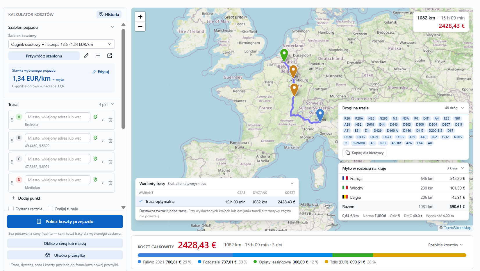 Kalkulator kosztów NaviTMS: trasa Bruksela–Mediolan przez cztery punkty, warianty trasy, drogi na trasie, myto w rozbiciu na kraje i koszt całkowity 2428,43 €