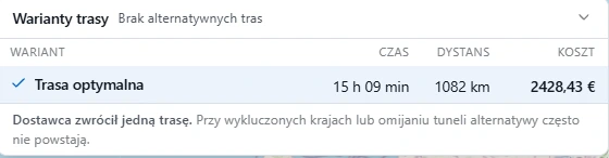 Tabela wariantów trasy: trasa optymalna, 15 h 09 min, 1082 km, 2428,43 €