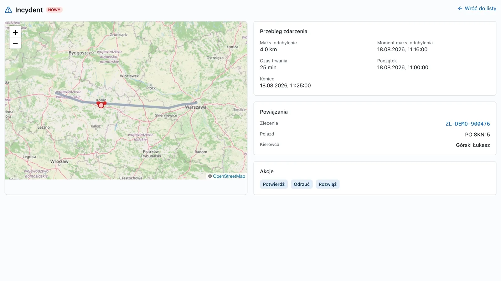 Ekran incydentu odchylenia od trasy w NaviTMS: mapa OSM z trasą i punktem odchylenia oraz panele Przebieg zdarzenia i Powiązania