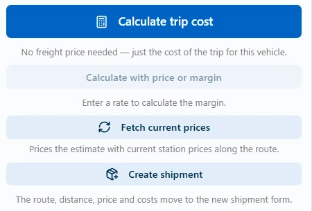 Buttons below the calculator: Calculate trip cost, Calculate with price or margin, Fetch current prices, Create shipment with the note: the route, distance, price and costs move to the new shipment form