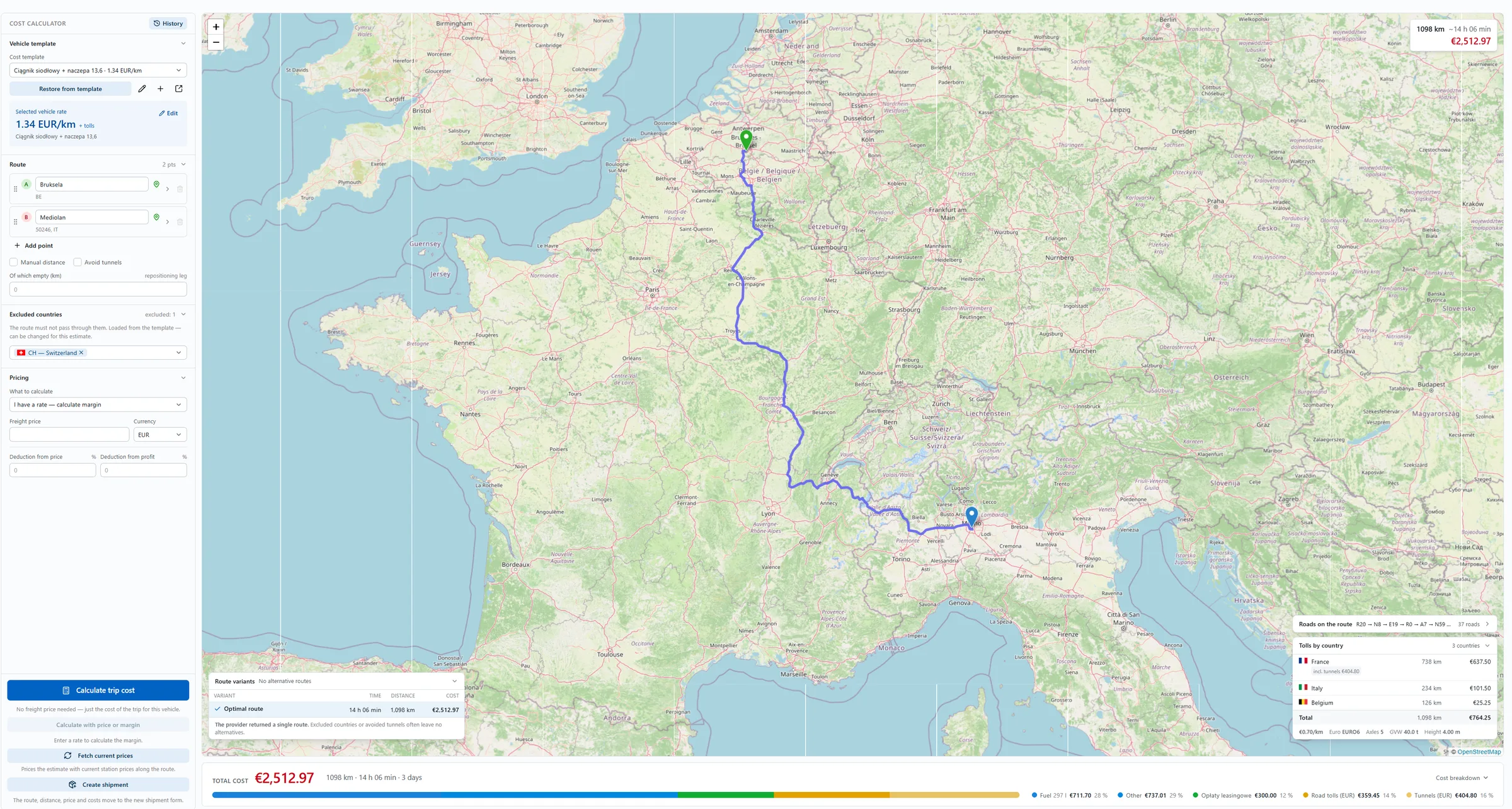NaviTMS cost calculator: Brussels to Milan route, route variants, roads on the route, tolls by country and a total cost of €2,512.97