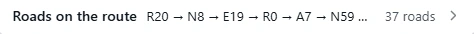 Roads on the route: 37 roads, starting with R20, N8 and E19