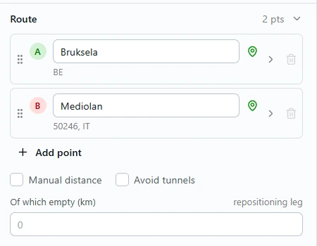 Route panel in the calculator: two points from Brussels to Milan, add point, manual distance, avoid tunnels