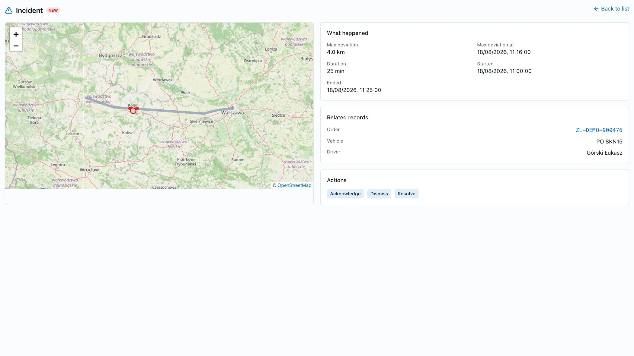Route deviation incident screen in NaviTMS: an OSM map with the route and the deviation point, plus Event timeline and Related items panels