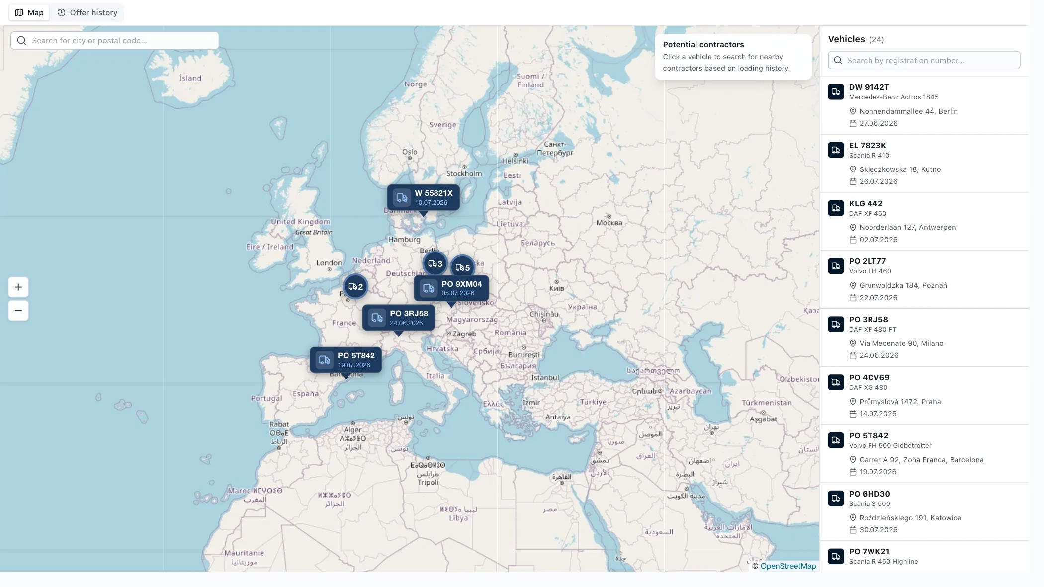 Spedi map in NaviTMS, fleet vehicle positions on a map of Europe and a panel with the vehicle list